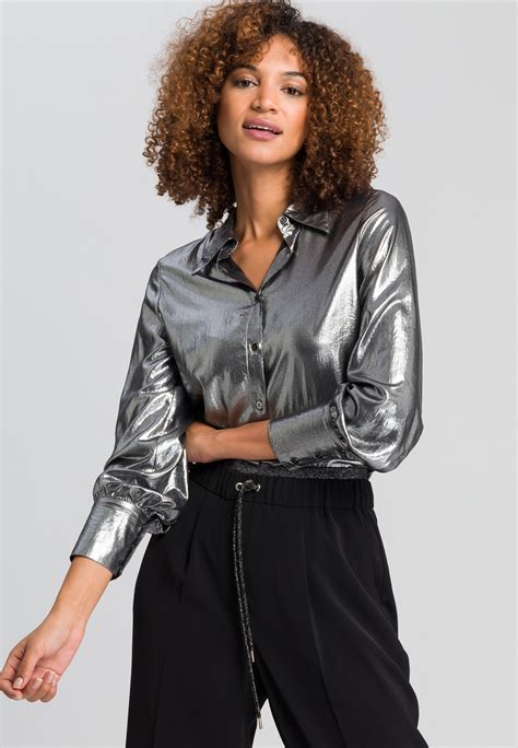 metallic fabric blouses|metallic silver tops for women.